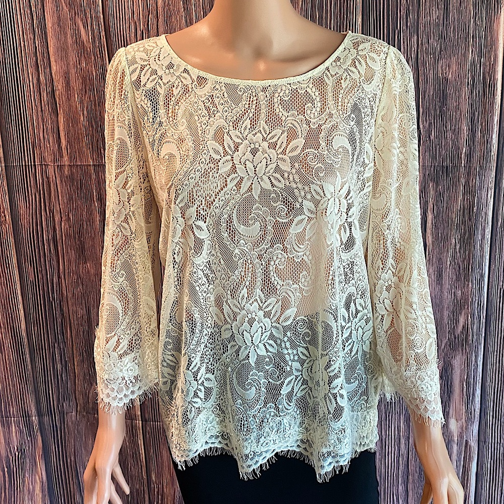 Forever 21 size large white cream floral lace long sleeve see through